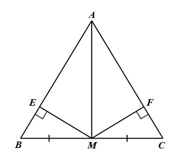 Cho ΔABC cân tại A, M là trung điểm của BC, ME vuông góc với AB, MF vuông góc với AC. Khi đó: (ảnh 1)