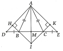 Cho ΔABC cân tại A. Trên tia đối của ti BC lấy điểm D, trên tia đối của tia CB lấy điểm E sao cho BD=CE. Kẻ BH⊥AD tại H, CK⊥AE tại K. Gọi M là giao điểm của AI,DE; I là giao của BH và CK. (ảnh 2)