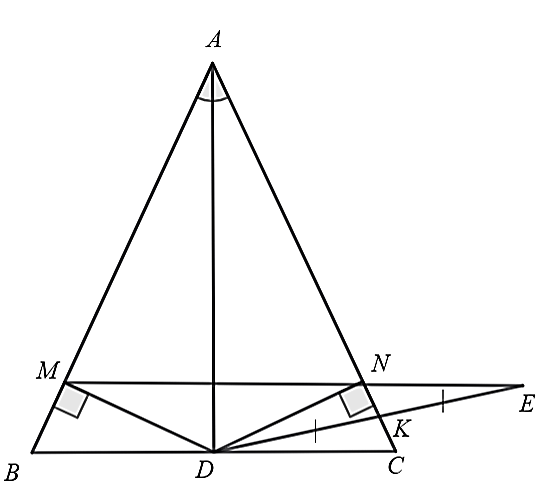 Cho ΔABC cân tại A. Vẽ AD là phân giác ˆBAC(D∈BC). Vẽ DM⊥AB tại M, DN⊥AC tại N. Gọi K là trung điểm của CN. Trên tia đối của tia KD lấy điểm E sao cho KE=KD. Khi đó: (ảnh 1)