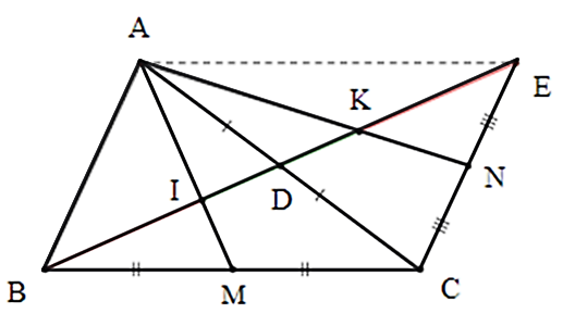 Cho tam giác ABC, đường trung tuyến BD. Trên tia đối của tia DB, lấy điểm E sao cho DE=DB. Gọi M,N lần lượt là trung điểm của BC và CE. Gọi I,K lần lượt là giao điểm của AM,AN với BE. (ảnh 1)