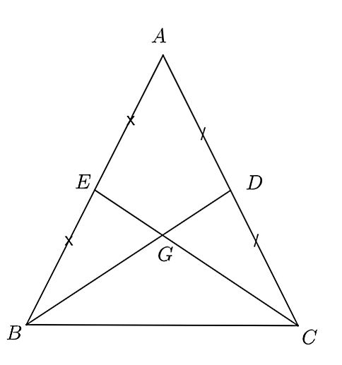 Cho ΔABC cân tại A có hai đường trung tuyến BD và CE cắt nhau tại G. Biết BD=CE. Khi đó: (ảnh 1)