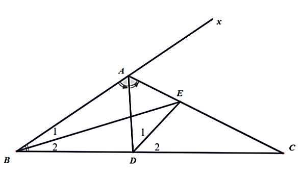 Cho tam giác ABC có ˆA=120∘. Các đường phân giác AD,BE và Ax là tia đối của tia AB như hình vẽ dưới đây. Hỏi số đo góc ˆBED bằng bao nhiêu độ? (ảnh 1)