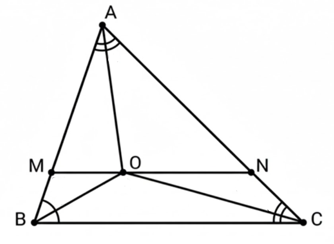 Cho ΔABC các tia phân giác của góc B và A cắt nhau tại điểm O. Qua O kẻ đường thẳng song song với BC cắt AB tại M, cắt AC tại N. Cho BM=4cm,CN=5cm. Hỏi độ dài MN bằng bao nhiêu cm? (ảnh 1)