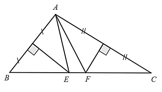 Cho ΔABC trong đó ˆA=100∘. Các đường trung trực của AB và AC cắt cạnh BC theo thứ tự ở E và F. Hỏi số đô ˆEAF bằng bao nhiêu độ? (ảnh 1)