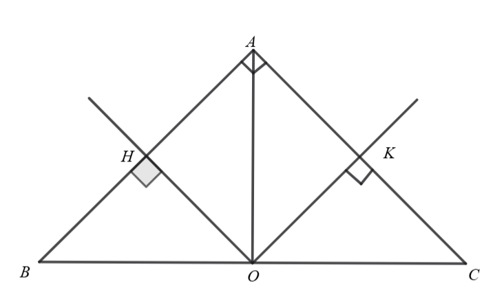 Cho ΔABC vuông cân tại A có H và K lần lượt là trung điểm của hai cạnh AB và AC. Từ H và K kẻ đường trung trực của hai cạnh AB,AC cắt nhau tại O. Hỏi số đo ˆOAC bằng bao nhiêu? (ảnh 1)
