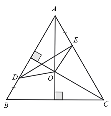 Cho tam giác ABC đều. Gọi D là điểm nằm giữa A,B và E là điểm nằm giữa A,C sao cho BD=AE. Gọi O là giao điểm của ba đường trung trực của tam giác ABC. (ảnh 1)