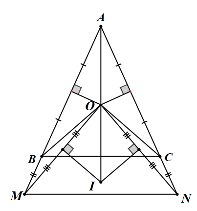 Cho ΔABC cân tại A, O là giao điểm của hai đường trung trực của gau cạnh AB và AC (O nằm trong tam giác). Trên tia đối của tia BA và CA ta lấy hai điểm M,N sao cho BM=CN. Đường trung trực của OM,ON cắt nhau tại I. (ảnh 1)
