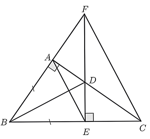 Cho ΔABC vuông tại A (AB<AC), trên cạnh BC lấy điểm E sao cho BA=BE. Qua E kẻ các đường vuông góc với BC cắt cạnh AC tại D. F là giao điểm của BA và ED. (ảnh 1)