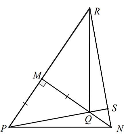 Cho ΔMNP vuông tại M(MP<MN). Trên cạnh MN lấy điểm Q sao cho MQ=MP, trên tia đối của tia MP lấy điểm R sao cho MR=MN. Gọi RN giao PQ tại S. (ảnh 1)