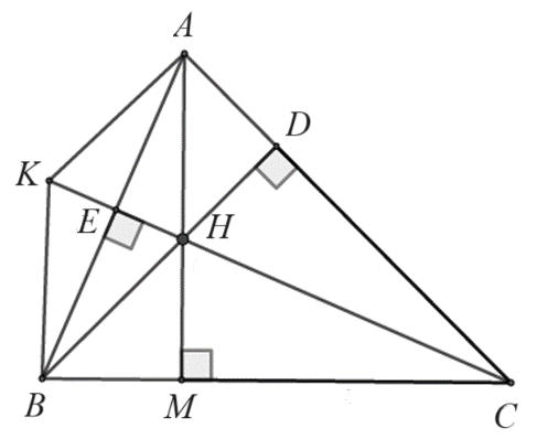 Cho tam giác ABC nhọn, đường cao BD,CE cắt nhau ở H, AH cắt BC tại M. Biết AM⊥BC,lấy điểm K sao cho AB là trung trực của HK. (ảnh 1)