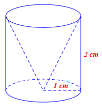 Một khối gỗ hình trụ có chu vi đáy 2πcm và chiều cao 2cm, người ta gọt đi một phần gỗ bên ngoài để có được khối gỗ hình nón có đáy là một đáy của khối gỗ hình trụ và chiều cao bằng chiều cao của khối gỗ hình trụ. Phần thể tích gỗ đã gọt đi là (ảnh 1)