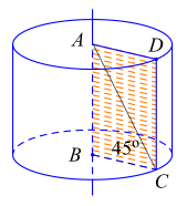 Một hình trụ (T) được tạo ra khi quay hình chữ nhật ABCD một vòng quanh cạnh AB. Biết AC=2a√2 và ˆACB=45∘. Thể tích V của hình trụ (T) là (ảnh 1)
