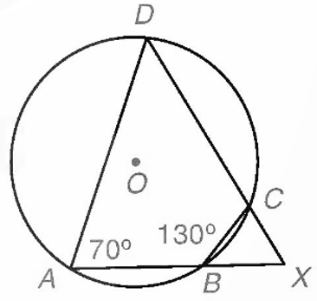 Cho tứ giác nội tiếp ABCD đường tròn (O) (như hình vẽ). Hai đường thẳng AB và DC cắt nhau tại X. Biết ˆBAD=70∘;ˆABC=130∘. Tính số đo góc BXC (đơn vị độ). (ảnh 1)