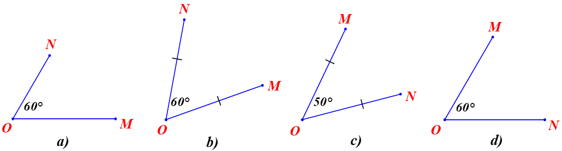 Cho các hình vẽ sau đây:Trong các hình dưới trên, hình nào vẽ hai điểm M và N thoả mãn phép quay thuận chiếu 60∘ tâm O biến điểm M thành điểm N? (ảnh 1)