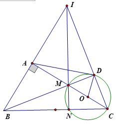 Cho tam gi&aacute;c \(\Delta ABC\) vu&ocirc;ng tại \(A\). Lấy điểm \(M\) bất k&igrave; tr&ecirc;n đoạn \(AC\), đường tr&ograve;n đường k&iacute;nh \(CM\) cắt hai đường thẳng \(BM\) v&agrave; \(BC\) lần lượt tại \(D\) v&agrave; \(N\).  (ảnh 1)