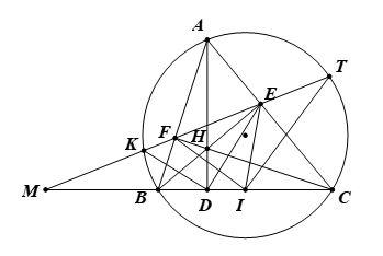 Cho tam gi&aacute;c \(ABC\) nhọn nội tiếp đường tr&ograve;n \(\left( O \right)\), c&aacute;c đường cao \(AD,\,BE\) v&agrave; \(CF\) cắt nhau tại \(H.\)  (a) Chứng minh tứ gi&aacute;c \[BFEC\] nội tiếp, x&aacute;c định t&acirc;m v&agrave; b&aacute;n k&iacute;nh của đường tr&ograve;n ngoại tiếp tứ gi&aacute;c \(BFEC.\) (ảnh 1)