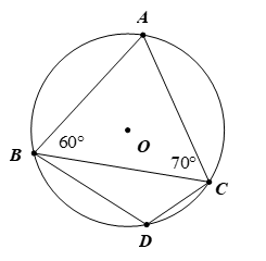 Cho tam giác ABC nội tiếp đường tròn (O) thỏa mãn ˆABC=60∘,ˆACB=70∘. Giả sử D là điểm thuộc cung BC không chứa A. Số đo góc BDC là (ảnh 1)