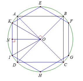 Cho một hình lục giác đều và một hình vuông cùng nội tiếp một đường tròn. Biết hình vuông có cạnh bằng 3cm. Diện tích của một hình lục giác đều đã cho là (ảnh 1)