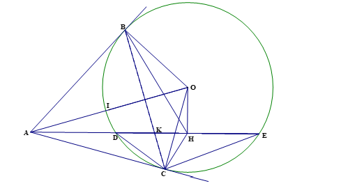 Cho đường tròn (O;R) dây DE<2R. Trên tia đối DE lấy điểm A, qua A kẻ hai tiếp tuyến AB và AC với đường tròn (O), (B,C là tiếp điểm). Gọi H là trung điểm DE, K là giao điểm của BC và DE, I là trung điểm của (ảnh 1)