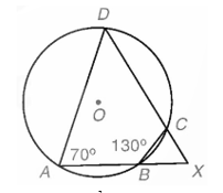 Cho tứ giác nội tiếp ABCD đường tròn (O) (như hình vẽ). Hai đường thẳng AB và DC cắt nhau tại X. Biết ˆBAD=70∘;ˆABC=130∘. Tính số đo góc BXC (đơn vị độ). (ảnh 1)
