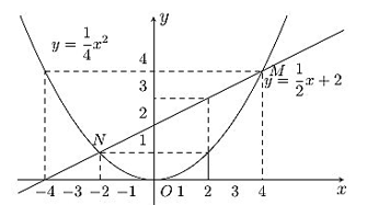 Cho hàm số y=1/4x^2 có đồ thị (P) và đường thả̉ng (d):y=1/2x+2. (a) Vẽ (P) và (d) trên cùng một hệ trục tọa dộ. (b) Tìm tọa độ giao điểm của (P) và (d) bằng phép tính. (ảnh 3)