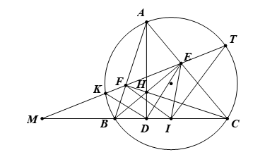 Cho tam gi&aacute;c \(ABC\) nhọn nội tiếp đường tr&ograve;n \(\left( O \right)\), c&aacute;c đường cao \(AD,\,BE\) v&agrave; \(CF\) cắt nhau tại \(H.\)  ((a) Chứng minh tứ gi&aacute;c \[BFEC\] nội tiếp, x&aacute;c định t&acirc;m v&agrave; b&aacute;n k&iacute;nh của đường tr&ograve;n ngoại tiếp tứ gi&aacute;c \(BFEC.\) (ảnh 1)