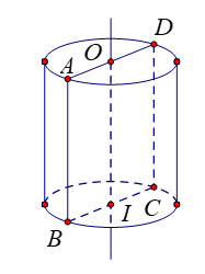 Cho hình chữ nhật ABCD, các điểm O,I lần lượt là trung điểm của các cạnh AD,BC. Xét hình trụ được tạo ra khi quay hình chữ nhật AOIB một vòng xung quanh đường thẳng cố định chứa cạnh OI của hình chữ nhật đó (như hình vẽ). Hãy chỉ ra: (ảnh 1)