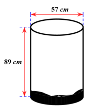 Một doanh nghiệp sản xuất vỏ hộp bằng tôn có dạng hình trụ với hai đáy (hình vẽ). Hình trụ đó có đường kính đáy là 57cm và chiều cao khoảng 89cm. (ảnh 1)