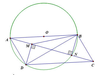 Cho hình bình hành \(ABCD\) có đỉnh \(D\) nằm trên đường tròn đường kính \(AB\). Kẻ \(DM\) và \(BN\) cùng vuông góc với đường chéo \(AC\). Chứng minh tứ giác \(CBMD\) nội tiếp. (ảnh 1)