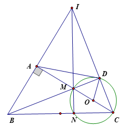 Cho tam giác \(\Delta ABC\) vuông tại \(A\). Lấy điểm \(M\) bất kì trên đoạn \(AC\), đường tròn đường kính \(CM\) cắt hai đường thẳng \(BM\) và \(BC\) lần lượt tại \(D\) và \(N\). (ảnh 1)