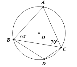 Cho tam giác ABC nội tiếp đường tròn (O) thỏa mãn ˆABC=60∘,ˆACB=70∘. Giả sử D là điểm thuộc cung BC không chứa A. Số đo góc BDC là (ảnh 1)