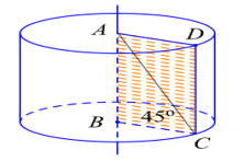 Một hình trụ (T) được tạo ra khi quay hình chữ nhật ABCD một vòng quanh cạnh AB. Biết AC=2a√2 và ˆACB=45∘. Thể tích V của hình trụ (T) là (ảnh 1)
