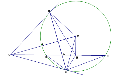 Cho đường tròn (O;R) dây DE<2R. Trên tia đối DE lấy điểm A, qua A kẻ hai tiếp tuyến AB và AC với đường tròn (O), (B,C là tiếp điểm). Gọi H là trung điểm DE, K là giao điểm của BC và DE, I là trung điểm của OA. (ảnh 1)