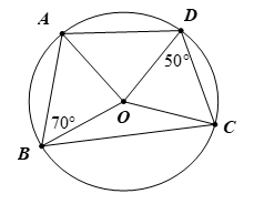Bức tranh treo tường c&oacute; vẽ một tứ gi&aacute;c \[ABCD\] nội tiếp đường tr&ograve;n t&acirc;m \[O\] (h&igrave;nh vẽ). Cho biết \[\widehat {ABC} = 70^\circ ,\,\,\widehat {ODC} = 50^\circ .\]Tính g&oacute;c \[AOD\]. (ảnh 1)