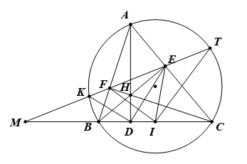 Cho tam gi&aacute;c \(ABC\) nhọn nội tiếp đường tr&ograve;n \(\left( O \right)\), c&aacute;c đường cao \(AD,\,BE\) v&agrave; \(CF\) cắt nhau tại \(H.\)  (a) Chứng minh tứ gi&aacute;c \[BFEC\] nội tiếp, x&aacute;c định t&acirc;m v&agrave; b&aacute;n k&iacute;nh của đường tr&ograve;n ngoại tiếp tứ gi&aacute;c \(BFEC.\) (ảnh 1)