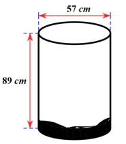Một doanh nghiệp sản xuất vỏ hộp bằng tôn có dạng hình trụ với hai đáy (hình vẽ). Hình trụ đó có đường kính đáy là 57cm và chiều cao khoảng 89cm. Chị phí để sản xuất vỏ hộp đó khoảng 100 000 đồng/m2 (ảnh 1)