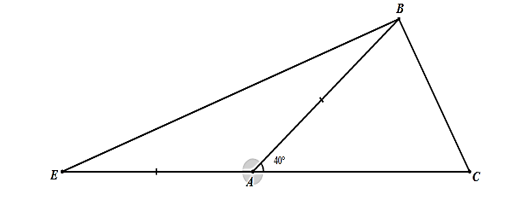 Cho ΔABC có ˆA=40∘,ˆB−ˆC=20∘ trên tia đối của AC lấy điểm E sao cho AE=AB. Hỏi số đo của ˆCBE bằng bao nhiêu độ? (ảnh 1)