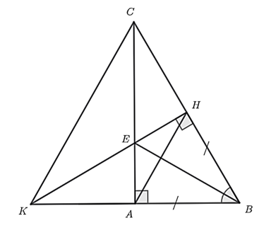 Cho tam giác ABC vuông tại A có ˆB=60∘. Trên BC lấy điểm H sao cho HB=BA, từ H kẻ HE vuông góc với BC tại H (E∈AC). Gọi K là giao điểm của HE và BA. (ảnh 1)