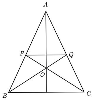 Cho tam giác ABC cân tại A có CP và BQ là các đường phân giác trong của tam giác ABC cân tại A có CP và BQ là các đường phân giác trong của tam giác ABC(P∈AB,Q∈AC). Gọi O là giao điểm của CP và BQ. (ảnh 1)