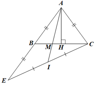 Cho tam giác ABC cân tại A. Kẻ AH⊥BC tại H. (a) Chứng minh ΔAHB=ΔAHC, từ đó suy ra H là trung điểm của BC. (b) Trên tia đối của tia BA lấy điểm E sao cho AB=BE. Gọi I là trung điểm của EC,BC cắt AI tại M.  (ảnh 1)