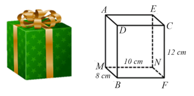 Một hộp quà hình hộp chữ nhật AEDC.MNFB có CF=12cm; MN=10cm;MB=8cm. Tính diện tích xung quanh và thể tích của hộp quà này. (ảnh 1)