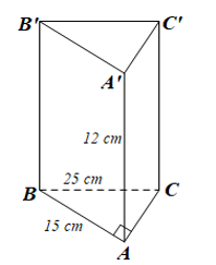 Cho hình lăng trụ đứng ABC.A′B′C′ có đáy tam giác ABC vuông tại A. Biết AB=15cm,BC=25cm,AA′=12cm, thể tích của hình lăng trụ đứng ABC.A′B′C′ là 1800cm3. (ảnh 1)