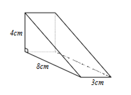 Một chiếc bánh ngọt có dạng hình lăng trụ đứng tam giác với các kích thước như hình vẽ: (a) Tính thể tích chiếc bánh. (b) Nếu phải làm một chiếc hộp hình hộp chữ nhật bằng giấy cứng có chiều dài 9cm, rộng 4cm và cao 6cm  (ảnh 1)