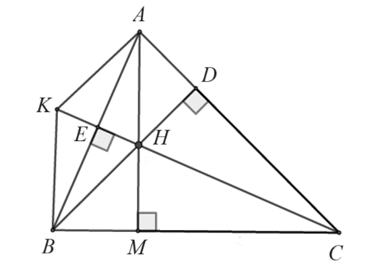 Cho tam giác ABC nhọn, đường cao BD,CE cắt nhau ở H, AH cắt BC tại M. Chứng minh rằng: (a) Biết AM⊥BC. Chứng minh ˆBAM=ˆECB. (b) Lấy điểm K sao cho AB là trung trực của HK. Chứng minh rằng ˆKAB=ˆKCB. (ảnh 1)