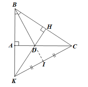 Cho tam giác ABC vuông tại A, đường phân giác BD(D∈AC). Từ D kẻ DH⊥BC. (a) Chứng minh ΔABD=ΔHBD. (b) So sánh AD và DC. (c) Gọi K là giao điểm của đường thẳng AB và DH,I là trung điểm của KC. Chứng minh ba điểm B,D,I thẳng hàng. (ảnh 1)