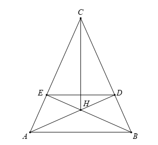 Cho tam giác ABC có AB<AC. Hai đường cao AD và BE cắt nhau tại H và AD=BE(D∈BC,E∈AC). Chứng minh rằng: (a) Tam giác ABC cân tại C. (b) Đường thẳng CH là đường trung trực của đoạn thẳng AB. (c) DE song song với AB. (ảnh 1)
