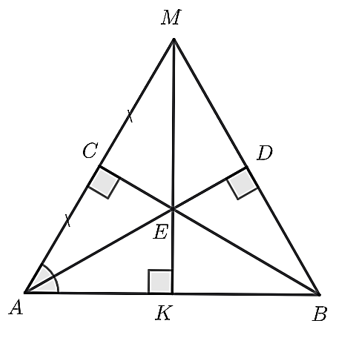 Cho tam giác ABC vuông tại C có ˆA=60. Tia phân giác của ˆBAC cắt BC tại E. Kẻ EK⊥AB,K∈AB. Kẻ BD⊥AE (D∈AE). Lấy điểm M sao cho C là trung điểm của AM. (ảnh 1)
