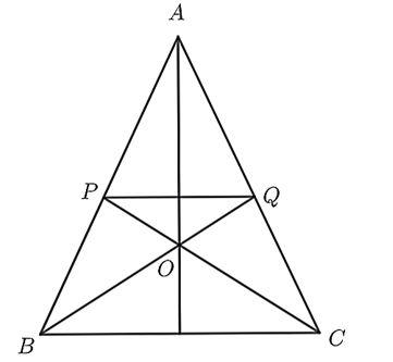 Cho tam giác ABC cân tại A có CP và BQ là các đường phân giác trong của tam giác ABC cân tại A có CP và BQ là các đường phân giác trong của tam giác ABC(P∈AB,Q∈AC). Gọi O là giao điểm của CP và BQ. (ảnh 1)
