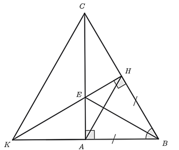 Cho tam giác ABC vuông tại A có ˆB=60∘. Trên BC lấy điểm H sao cho HB=BA, từ H kẻ HE vuông góc với BC tại H (E∈AC). Gọi K là giao điểm của HE và BA. (ảnh 1)