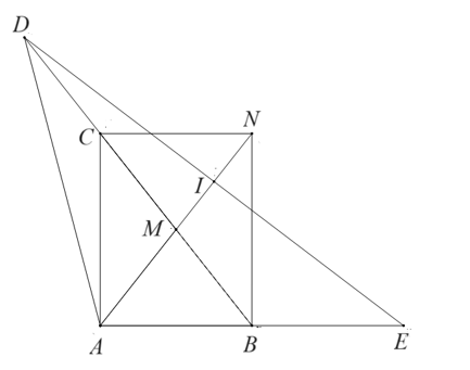 Cho tam giác ABC vuông tại A có ˆABC>ˆACB, trung tuyến AM. Trên tia đối của tia CB lấy điểm D sao cho C là trung điểm của MD. Trên tia đối của tia BA lấy điểm E sao cho BE=BA. Trên tia đối của tia MA lấy điểm N sao cho MN=MA. (ảnh 1)